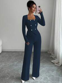 Elenzga 时尚女士纯色纹理两件套，包括长袖缺口领双排扣修身西装外套和高腰宽松直筒裤，优雅通勤风格，适合约会、通勤、秋冬 - 藏蓝色 - 查看 3