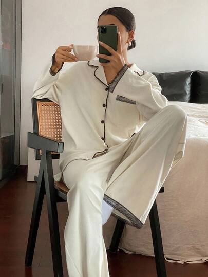 DAZY 撞色蕾丝拼接女式长袖纽扣上衣和裤子睡衣套装，秋季服装