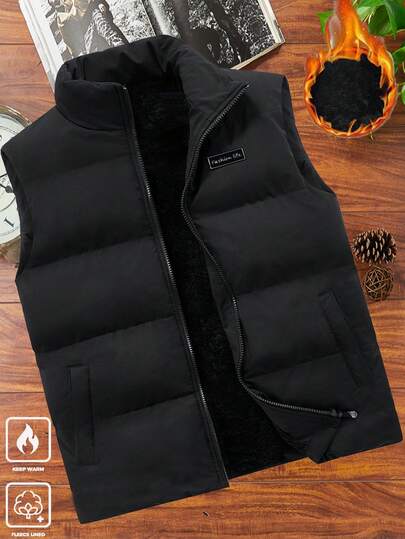 Manfinity Homme 加大码男士拉链保暖无袖加厚背心，适合秋冬季节穿着，立领黑色背心，街头服饰，适合日常休闲穿着、周末郊游、户外活动、旅行和轻松的工作环境，是送给男友或丈夫的理想礼物。