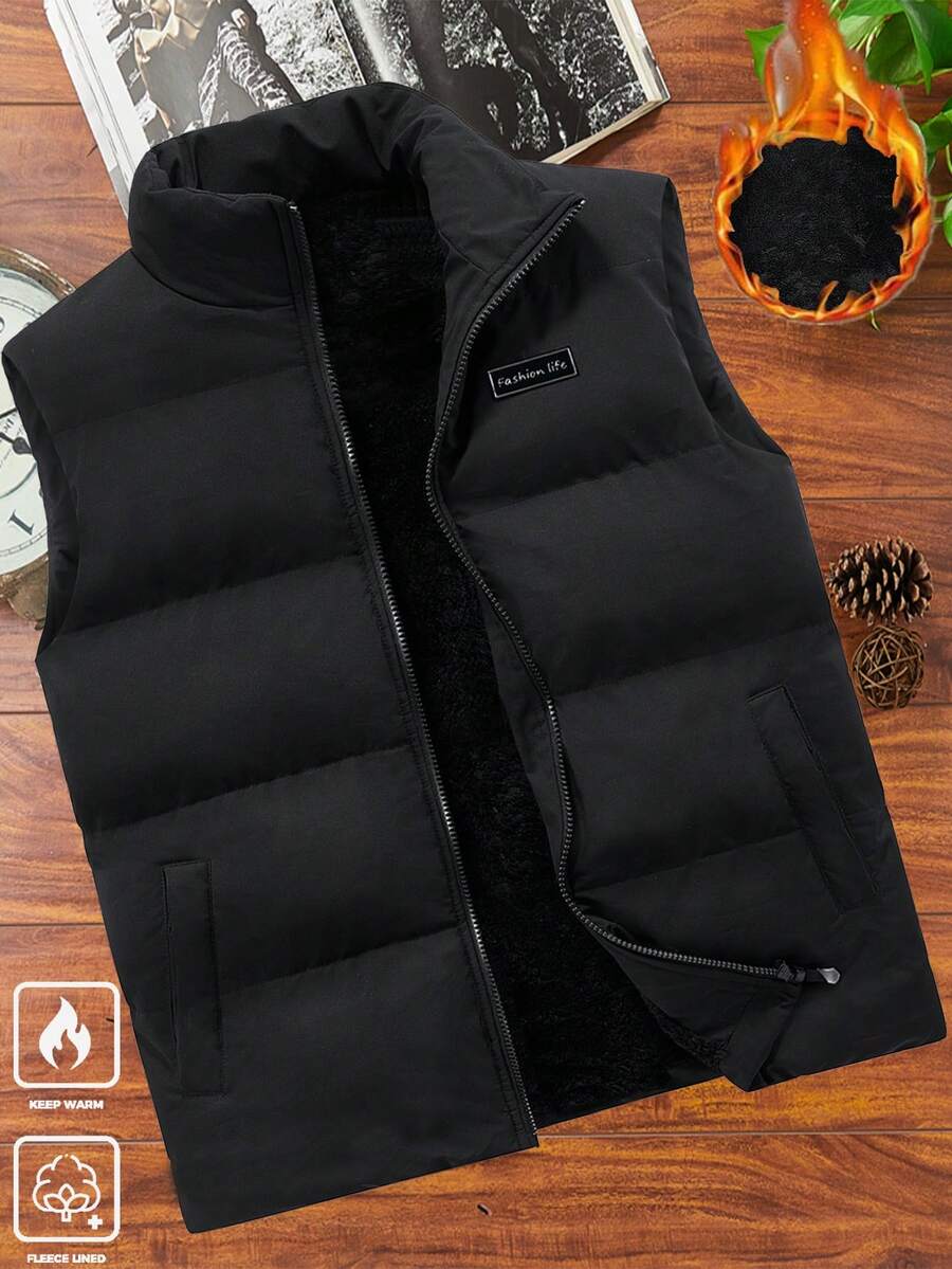 Manfinity Homme 加大码男士拉链保暖无袖加厚背心，适合秋冬季节穿着，立领黑色背心，街头服饰，适合日常休闲穿着、周末郊游、户外活动、旅行和轻松的工作环境，是送给男友或丈夫的理想礼物。 - 黑色 - 查看 1