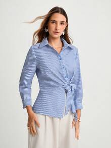 CAJUNI 女式条纹长袖单排扣侧系腰休闲衬衫 - 藍白色 - 查看 4