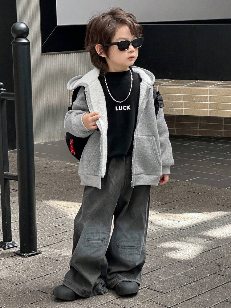 Young Boy Solid Color Drop Shoulder Long Sleeve Zip-Up Casual Fleece Sweatshirt, Autumn/Winter