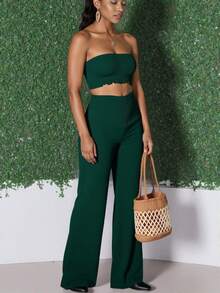 SHEIN LUNE Conjunto de 2 piezas de top tubo acortado con pliegues y pantalones de pierna ancha de unicolor para mujer - Verde Oscuro - Ver 4