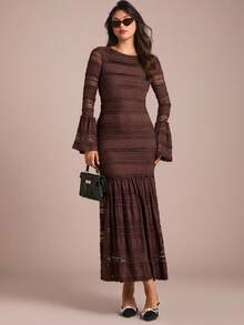 Enchnt 女士圆领喇叭袖蕾丝修身优雅连衣裙 - 棕色 - 查看 1