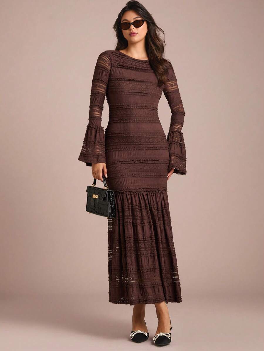 Enchnt 女士圆领喇叭袖蕾丝修身优雅连衣裙 - 棕色 - 查看 1