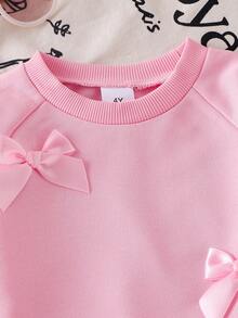 SHEIN 2pcs/Set Baju Sweatshirt Lengan Raglan Warna Polos dan Celana Rajut untuk Anak Perempuan, Pakaian Kasual Kerah Bulat - Berwarna merah muda - View 7