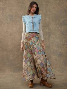 WESTFADE 高腰拼布印花 Godet 长裙 秋季、冬季、休闲、可爱、波西米亚风 - 彩色 - 查看 4