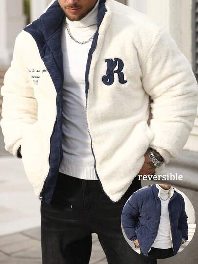 Manfinity Homme Chaqueta casual reversible con cremallera para hombre, para invierno