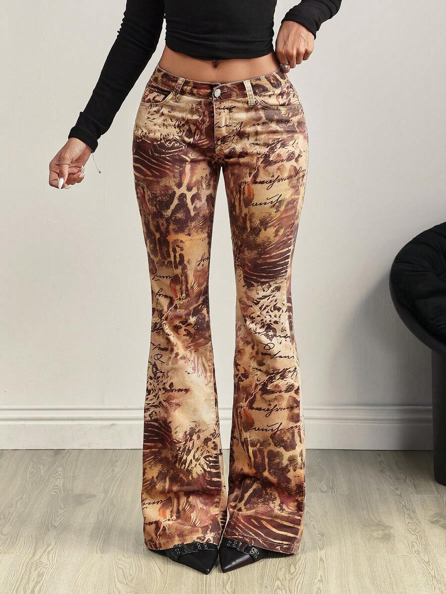 SHEIN Tall Tall Size Printed Sexy Stretch Fitted Washed Flare Jeans - Multicolor - View 1