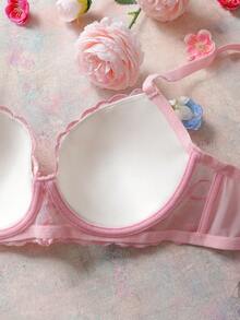 Pink Underwire Molded Cup High Support Embroidered Heart Pattern Lift & Gather Sweet Cute Elegant Ladies Bra