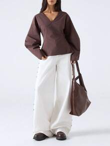 LYSMO 女士纯色束腰衬衫，适合通勤 - 咖啡棕 - 查看 1