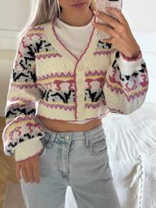 CovetEZ Women's Autumn Winter Pink Fair Isle Sweet Retro Pattern Long-Sleeved Knitted Sweater, Crop Top, Jacket, Cardigan, Cropped Sweater, Retro , 90s , Women's Winter , Women's Winter , Women's Autumn , Christmas Women's , Christmas Sweater, Christmas Sweater, New Year Women's , Thanksgiving Women's , Elegant Women's Blouse, White Top, Pink Top Crop Top Jacket Cardigan Cropped Crop Sweater Vintage 90s Women - Pink - View 1