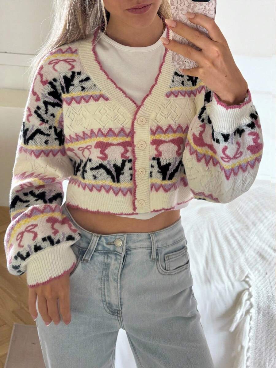 CovetEZ Women's Autumn Winter Pink Fair Isle Sweet Retro Pattern Long-Sleeved Knitted Sweater, Crop Top, Jacket, Cardigan, Cropped Sweater, Retro , 90s , Women's Winter , Women's Winter , Women's Autumn , Christmas Women's , Christmas Sweater, Christmas Sweater, New Year Women's , Thanksgiving Women's , Elegant Women's Blouse, White Top, Pink Top Crop Top Jacket Cardigan Cropped Crop Sweater Vintage 90s Women - Pink - View 1