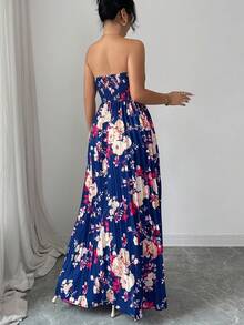 Elenzga 女士优雅浪漫褶皱A字花卉印花无袖连衣裙 - 彩色 - 查看 2