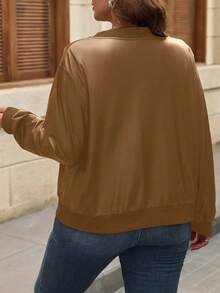 Plus Size Solid Color Drop Shoulder Long Sleeve Zip-Up Fashionable Short Casual Jacket - Brown - View 2
