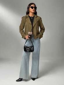 SHEIN Tall 女款短版鈕扣翻領雨衣 英式時尚卡其色正裝下擺風衣 長袖 秋冬日常舒適穿著 卡其色上衣外套 女款休閒夾克 夏季寬鬆短版夾克 高個子女性適用 - 軍綠色 - 查看 4