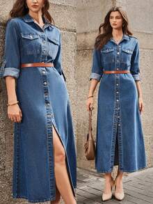 Selenza Women's Cuffed Sleeve Single-Breasted Pocket Design Casual Denim Dress