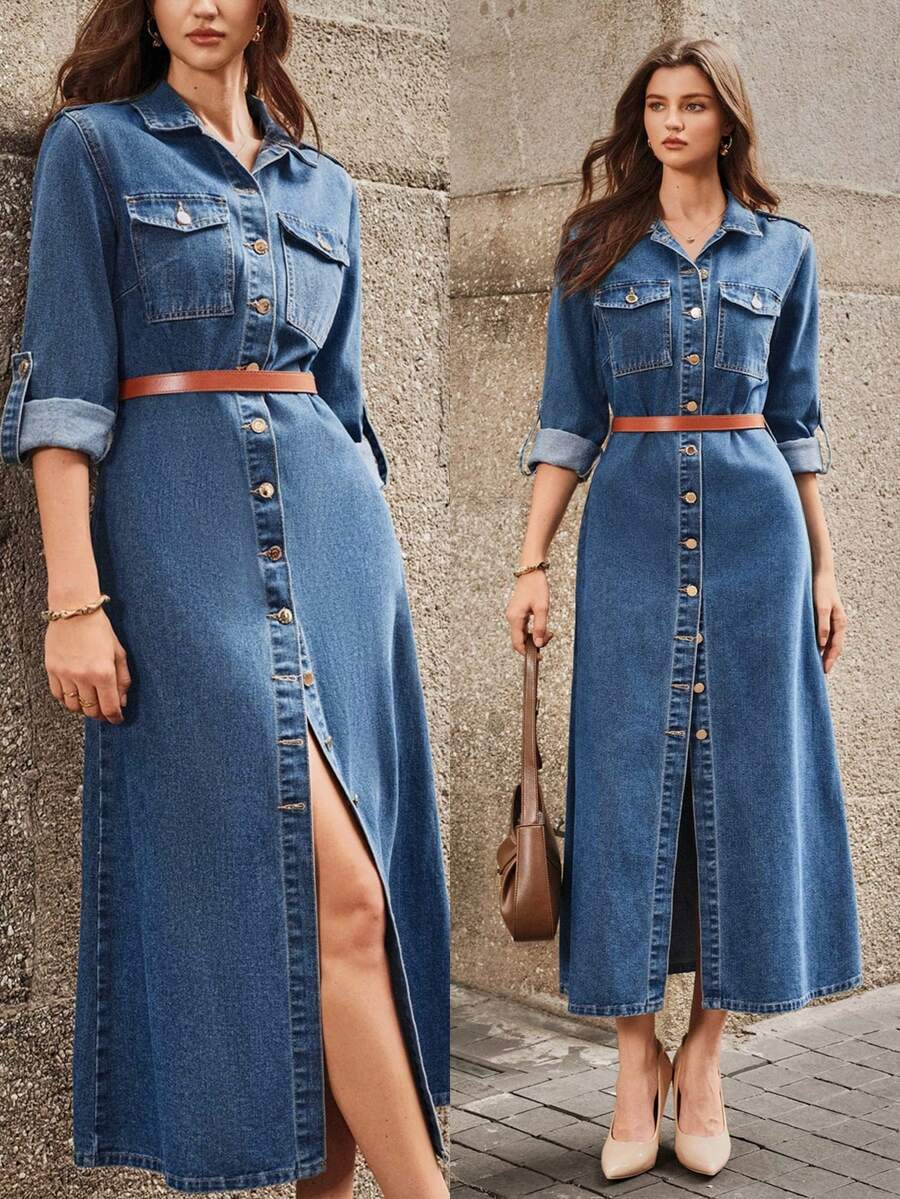 Selenza Women's Cuffed Sleeve Single-Breasted Pocket Design Casual Denim Dress