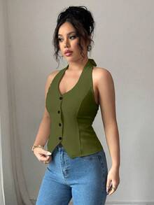 Elenzga 女士纽扣式吊带上衣 - 墨綠色 - 查看 6