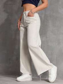 SHEIN ICON Solid Color Pocket Casual Versatile Wide Leg Jeans - Khaki - View 5