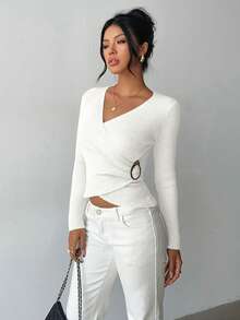 Elenzga Women's Elegant Fitted Criss-Cross Wrap Element Minimalist Classic Ribbed Texture Solid Color Sweater - White - View 3