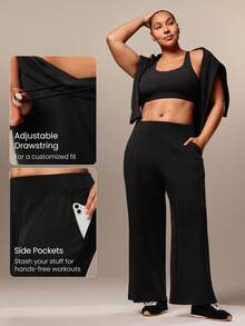 GLOWMODE 27" Softserene Modal Plus-Size Petite Silky Smooth Breathable Wide-Leg Side Pockets Adjustable Drawstring Waist Sweatpants  Yoga Pilates Studio Daily Casual Wear Spring Summer - Black - View 4