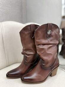 Botas vaqueras bordadas para mujer, de media caña y puntales, estilo vaquera, a la moda. - Marrón Chocolate - Ver 5