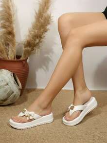 Sandalia para mujer-EVA ligera y cómoda, punta abierta, sin cordones, plataforma gruesa antideslizante, estilo kawaii con moño y oso, para verano y playa, sandalia tipo flip flop - Blanco - Ver 3