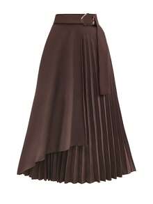Modelyn Vintage Design Niche Brown Asymmetrical Patchwork A-Line Pleated Skirt For Women - Brown - View 1