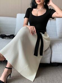 DAZY 女式拼色拼接优雅长款针织毛衣裙，短袖 - 黑色 - 查看 6