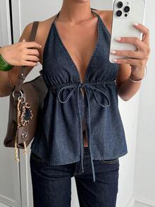 DAZY Women's Summer Halter Tie Waist Bowknot Denim Blouse, Vacation Style - Medium Wash - View 4