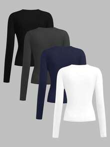 SHEIN Girlism 4 件套青少年女孩百搭圆领长袖休闲纯色 T 恤，黑色、白色、海军蓝、深灰色 - 藏蓝色 - 查看 2