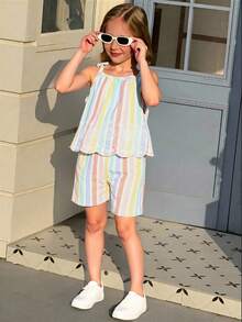 SHEIN Elladie kids Tween Girl Striped Vacation Camisole Top And Shorts 2 Pieces Casual Set Summer Holiday