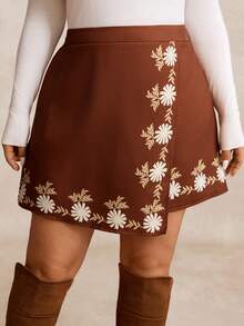 EMERY ROSE Plus Size Women's Brown Floral Print Asymmetric Hem Skirt, Suitable For Ladies Autumn Wear - Brown - View 1