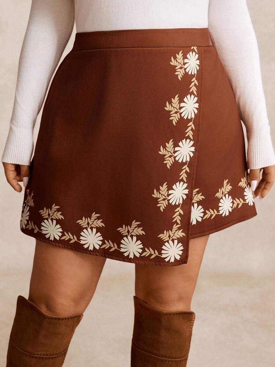 EMERY ROSE Plus Size Women's Brown Floral Print Asymmetric Hem Skirt, Suitable For Ladies Autumn Wear - Brown - View 1