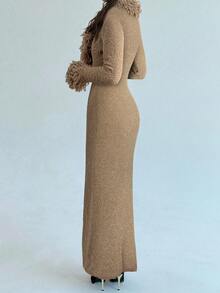 Aloruh 秋冬女士 V 领流苏毛绒拼接喇叭下摆修身针织长款毛衣连衣裙 - 駝色 - 查看 2