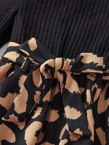 SHEIN Young Girls' Knitted Crew Neck Patchwork Leopard Print Casual Dress, Jacquard Leopard Print Long Sleeve Dress, Suitable For Autumn/Winter - Multicolor - View 7