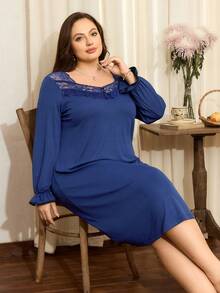 Plus Size Navy Blue Lace Trim Elegant & Comfortable Nightgown, Winter