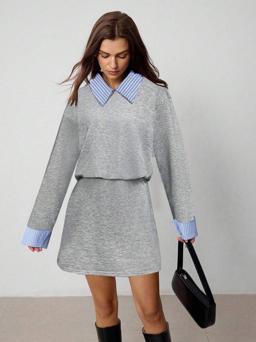 Hanevo Collared Striped Patchwork Long Sleeve Casual Sports College Style Dress For Women - Grey - View 1