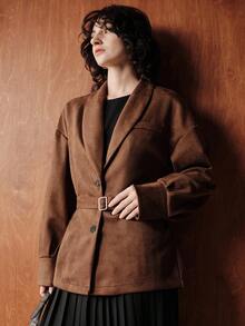 Chiquease Áo khoác nữ dáng rộng, cao cấp, trang trọng, đi làm, đi chơi, công sở, thoải mái, mặc ở nhà, trà chiều, vải da lộn trơn, ve áo, túi giả, trang trí, dáng rộng, hở ngực, cài nút đơn, thắt lưng, tay áo bo gấu, tay dài, màu nâu cà phê thông thường, áo khoác thông thường, thu/đông - Màu nâu  Mocha - Xem 1