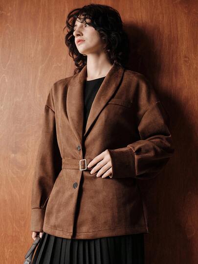 Zovinel Chaqueta regular de manga larga con cuello de solapa, bolsillo falso, cinturón y puños, de tela de ante sintética, en color marrón oscuro, para uso formal, de oficina, casual o para el té de la tarde, para mujer, adecuada para otoño/invierno