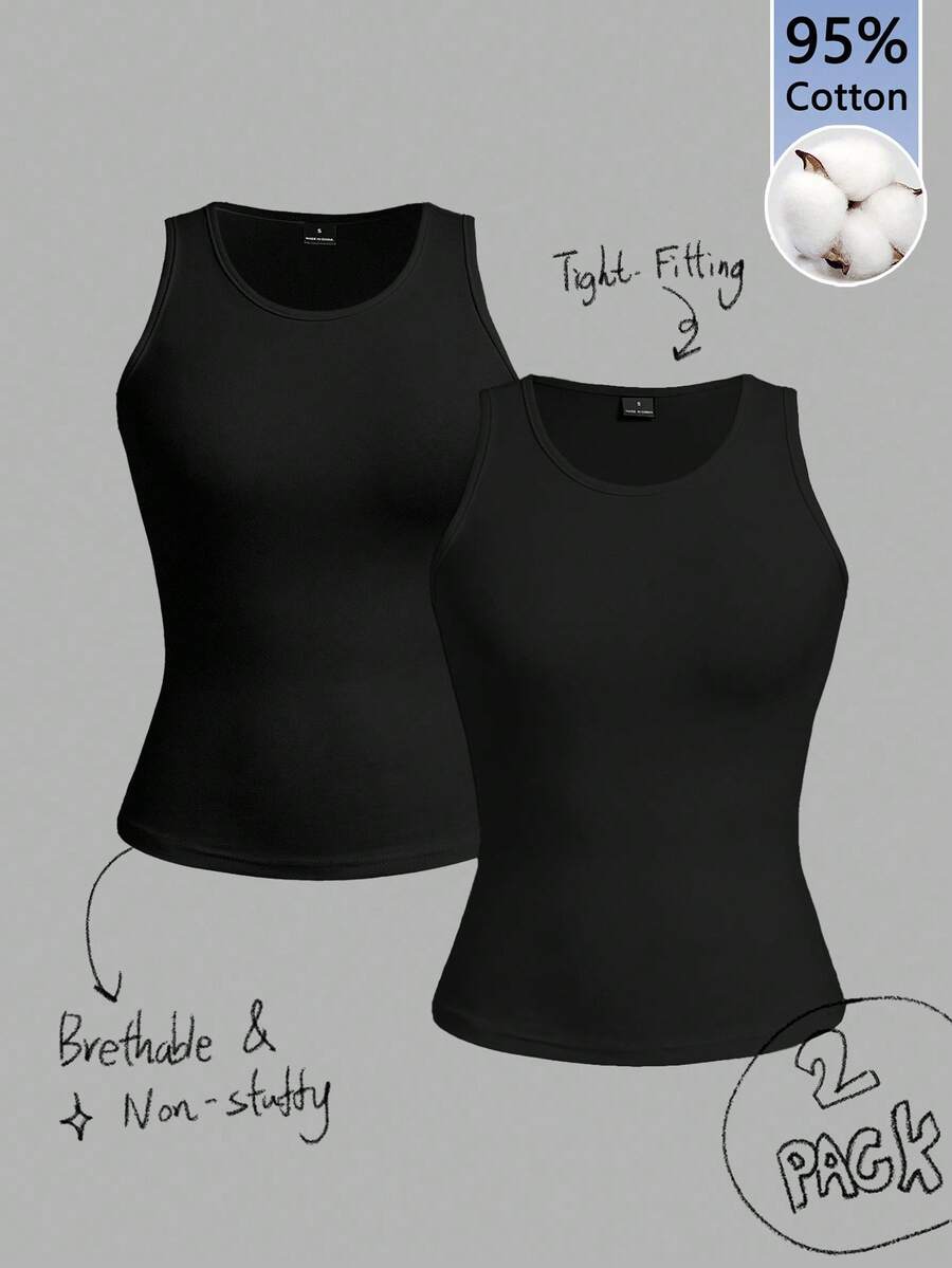 Tseoso 2pcs/Set Camisole Ketat Seksi Wanita Model Pendek, Warna Hitam Polos, Cocok untuk Musim Panas