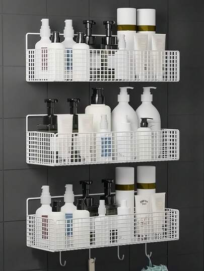 1个带挂钩的铁质储物架，多功能白色无孔壁挂式转角储物架，适用于浴室、浴室配件、房间装饰