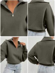 EURMUSE 100% Cotton Collar With Zipper Pattern Oversize Sweatshirt - Army Green - View 7