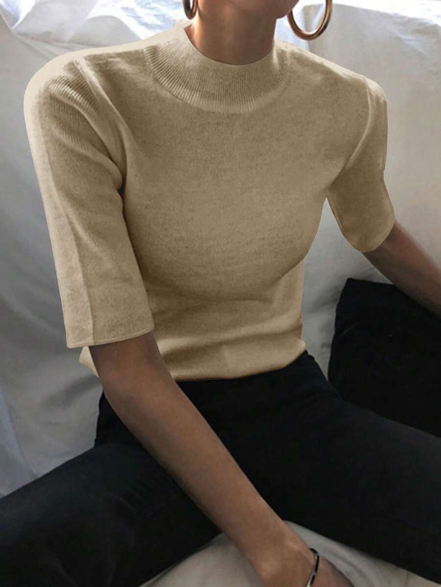 DAZY Women's Turtleneck Fitted Ribbed 3/4 Sleeve Sweater - Khaki - View 1