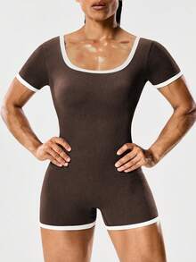 Seamluxe SHEIN Sport 女式无缝短袖运动连体裤，色块 - 棕色 - 查看 3