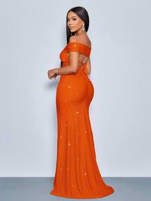 SOLERSUN 适合圣诞派对度假和约会优雅的勃艮第酒红色优雅扭曲露肩露背肩带高开叉美人鱼连衣裙，带有金属光泽的长款女装 - 橘色 - 查看 2