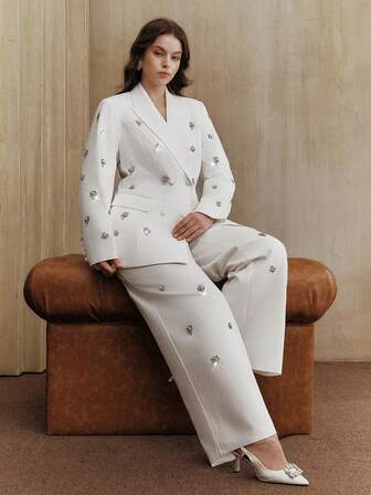 Anewsta Chaqueta de blazer blanca elegante y de lujo para mujer de talla grande, con adornos, estilizadora, de alta gama, adecuada para vestidos de noche y ocasiones formales