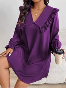EMERY ROSE Plus Size Women's Elegant Romantic Cute Simple Solid Color Peter Pan Collar Ruffle Sleeve Loose Dress, Spring/Autumn - Purple - View 7