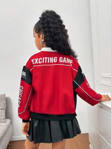 SHEIN Tween 女童休闲日常字母印花宽松拉链夹克，黑色和红色印花 - 紅色 - 查看 2